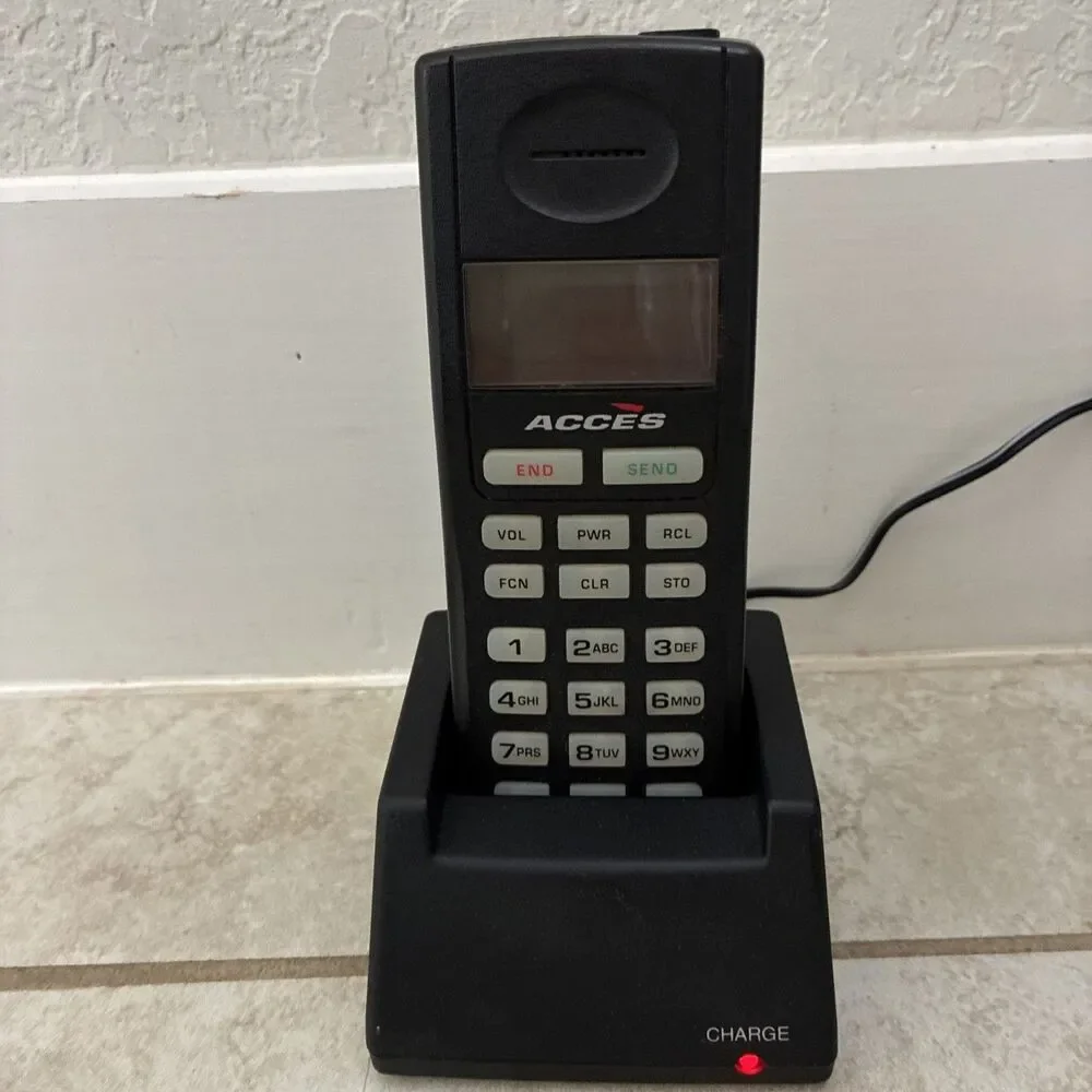 Vintage Acces Cellular Phone With Base, Antenna, Box And Manual, Mitsubishi Intl